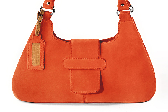 Clementine orange women's dress handbag, matching pumps and belts. Profile view - Florence KOOIJMAN